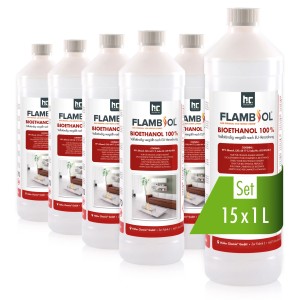 Set aus 5 Flaschen Flambiol Bioethanol 100% für Kamine, je 1 Liter.