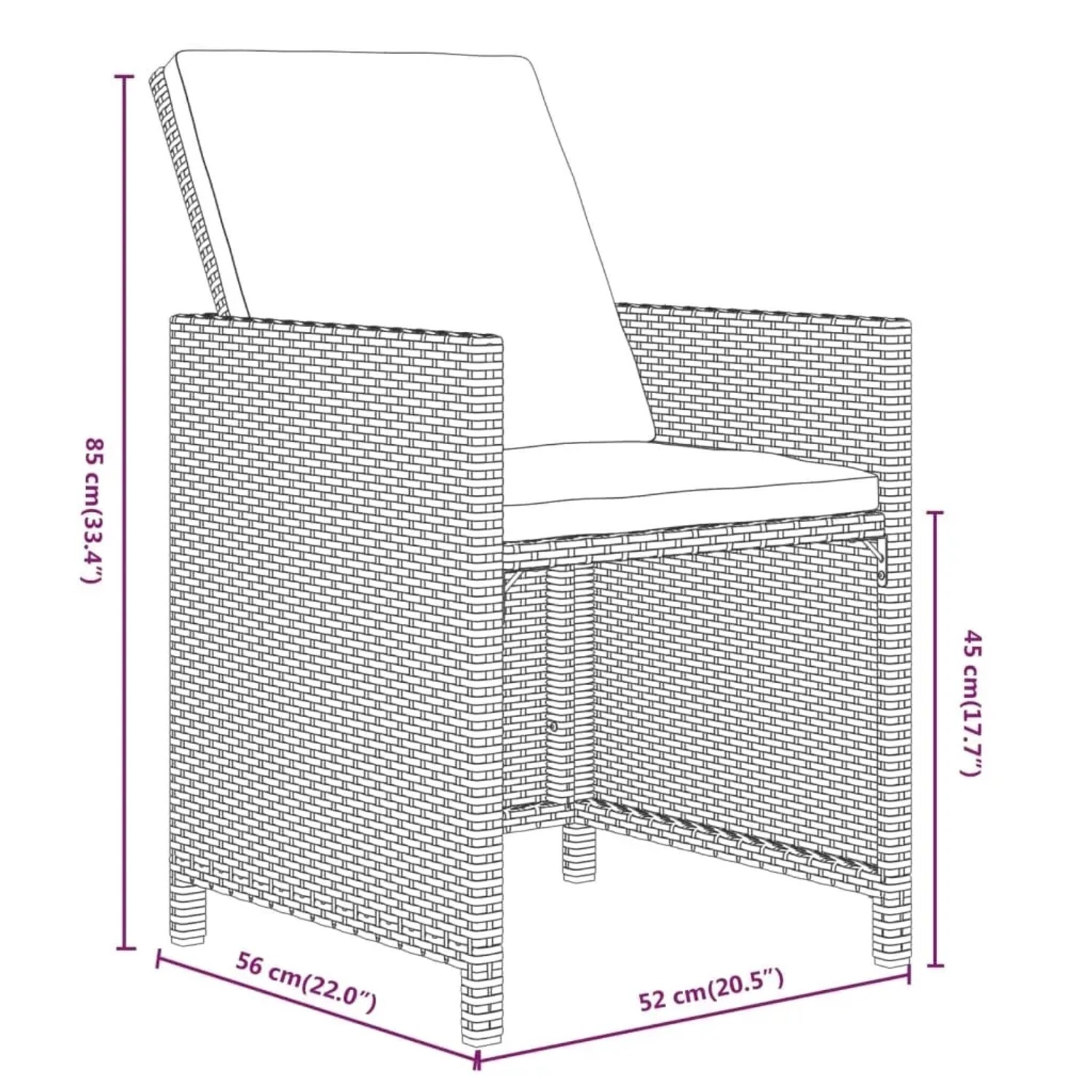 Grauer Rattan Gartenstuhl mit Kissen, Teil der 11-tlg. vidaXL Essgruppe. Abmessungen sind eingezeichnet.