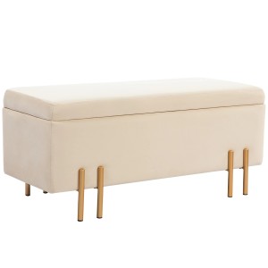 Beige Samt Sitzbank mit Stauraum (100L) und goldenen Füßen.