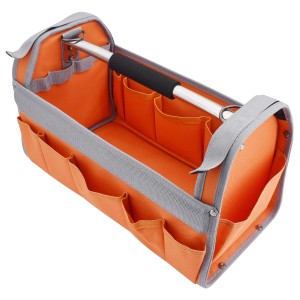 Orangefarbene Tifler Werkzeugtrage (40 cm) mit Schultergurt und vielen Fächern.