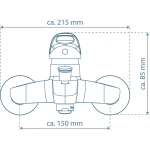 Skizze einer Athos Plus Wannenarmatur in Chrom mit Maßangaben.