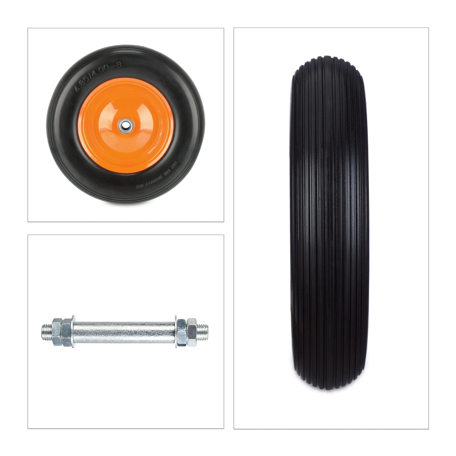 Relaxdays Schubkarrenrad mit Achse PU-Gummi Stahl Schwarz Pannensicher 39 cm x 8,5 cm 2,2 kg