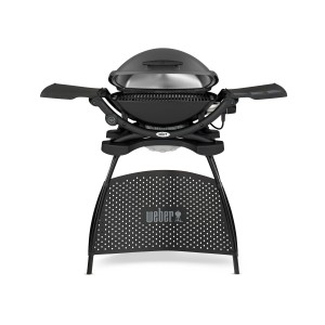Weber Q 2400 Stand-Elektrogrill, dunkelgrau, mit Seitentischen und Grillrost.