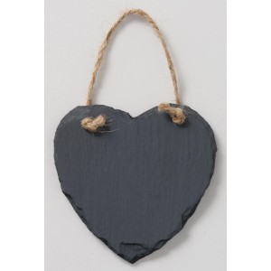Dunkelgraues Deko-Schild Herz (10x10cm) aus Schiefer mit Jute-Aufhängung für die Gartendekoration.