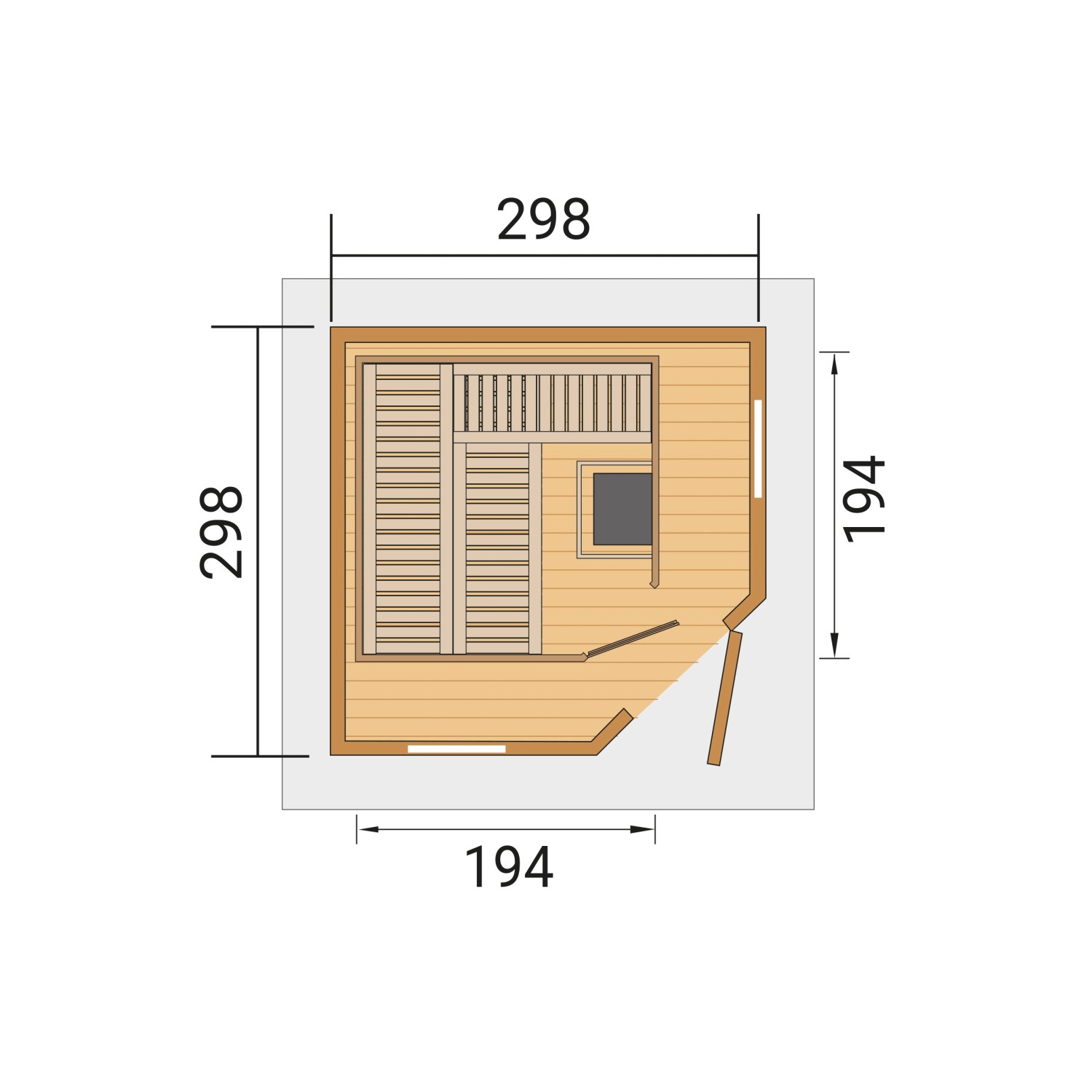 Grundriss Weka Saunahaus Kurikka, Außenmaße 380x380 cm, mit Saunaofen und Liegen.