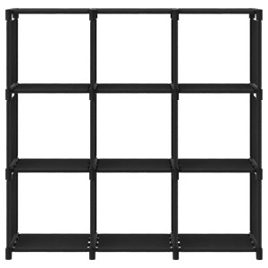 Schwarzes Würfel-Regal mit 9 Fächern aus Stoff und Stahl, ideal als Wandregal.