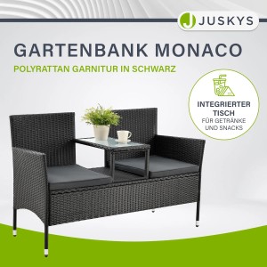 Schwarze Juskys Polyrattan Gartenbank Monaco mit Tisch und dunkelgrauen Kissen.