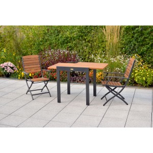 Merxx Gartenmöbelset Santorin mit Klappsesseln und ausziehbarem Balkontisch aus Akazienholz und Aluminium.