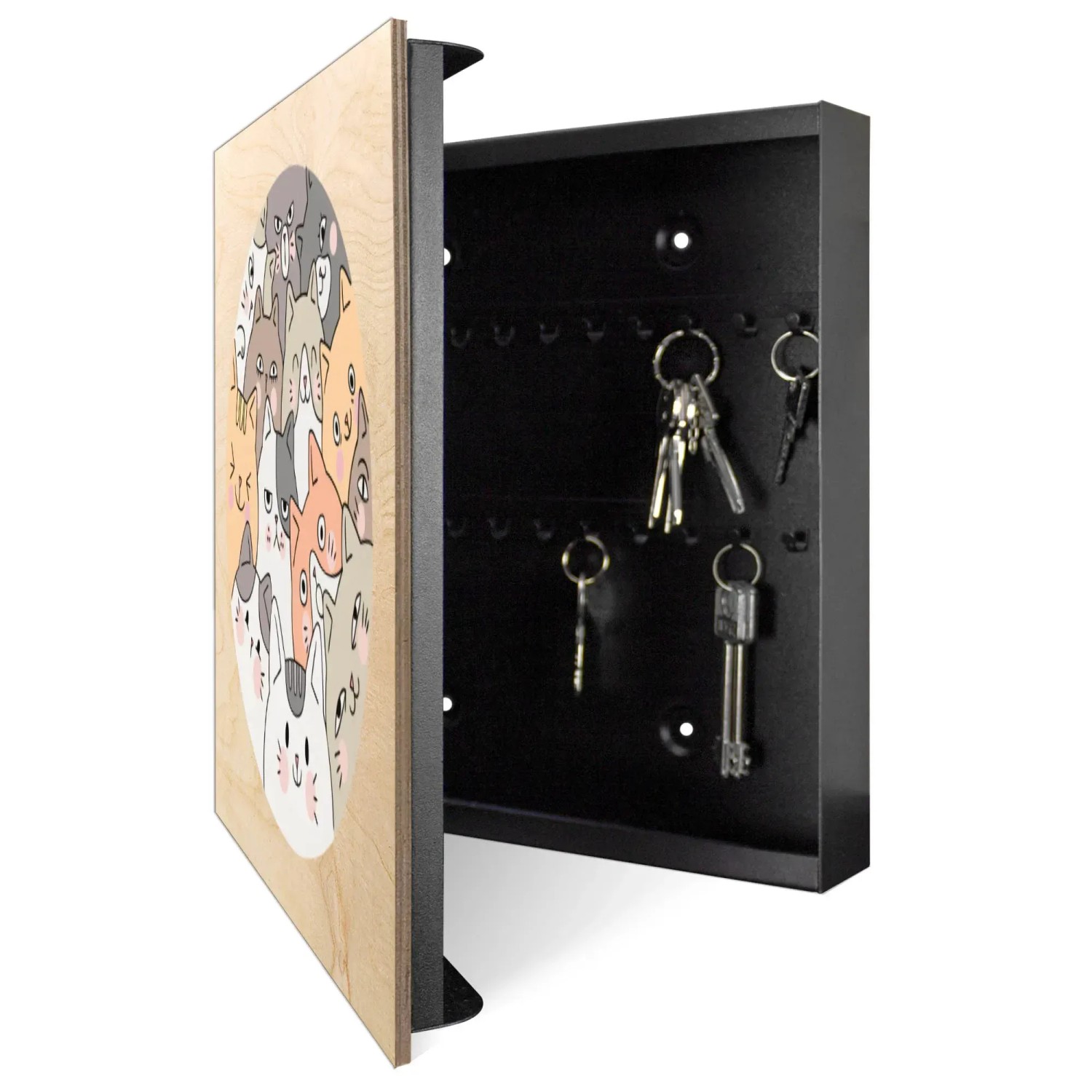 Offener, schwarzer Schlüsselkasten aus Holz (30x30cm) mit Katzenmotiv auf der Tür und 50 Haken.