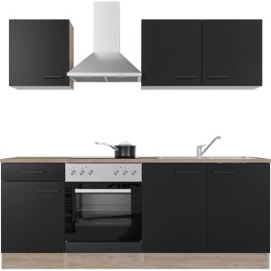 Flex-Well Küchenzeile Capri, 210 cm, Schwarz Matt/Endgrain Oak, mit E-Geräten.