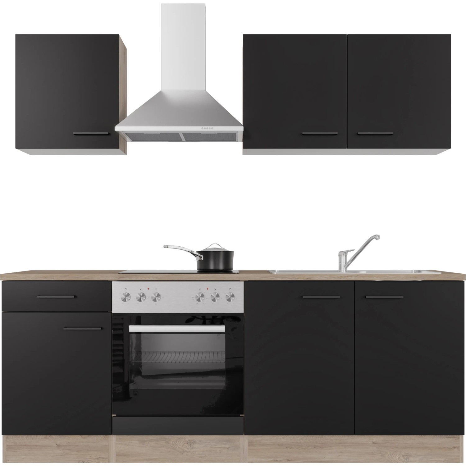 Flex-Well Küchenzeile Capri, 210 cm, Schwarz Matt/Endgrain Oak, mit E-Geräten.