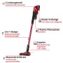 Roter Einhell Akku-Stielstaubsauger TE-SV 18 Li, 2-in-1, mit motorisierter Bürste, LED-Lichtern und Zubehör.