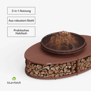 Blumfeldt Ebeko 3-in-1 Feuerschale mit Grillrost und Holzfach, als Tisch nutzbar.