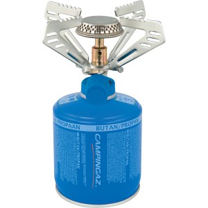 Kompakter Camping Gaskocher Micro Plus mit blauer Gaskartusche und Topfträger.