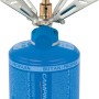 Kompakter Camping Gaskocher Micro Plus mit blauer Gaskartusche und Topfträger.