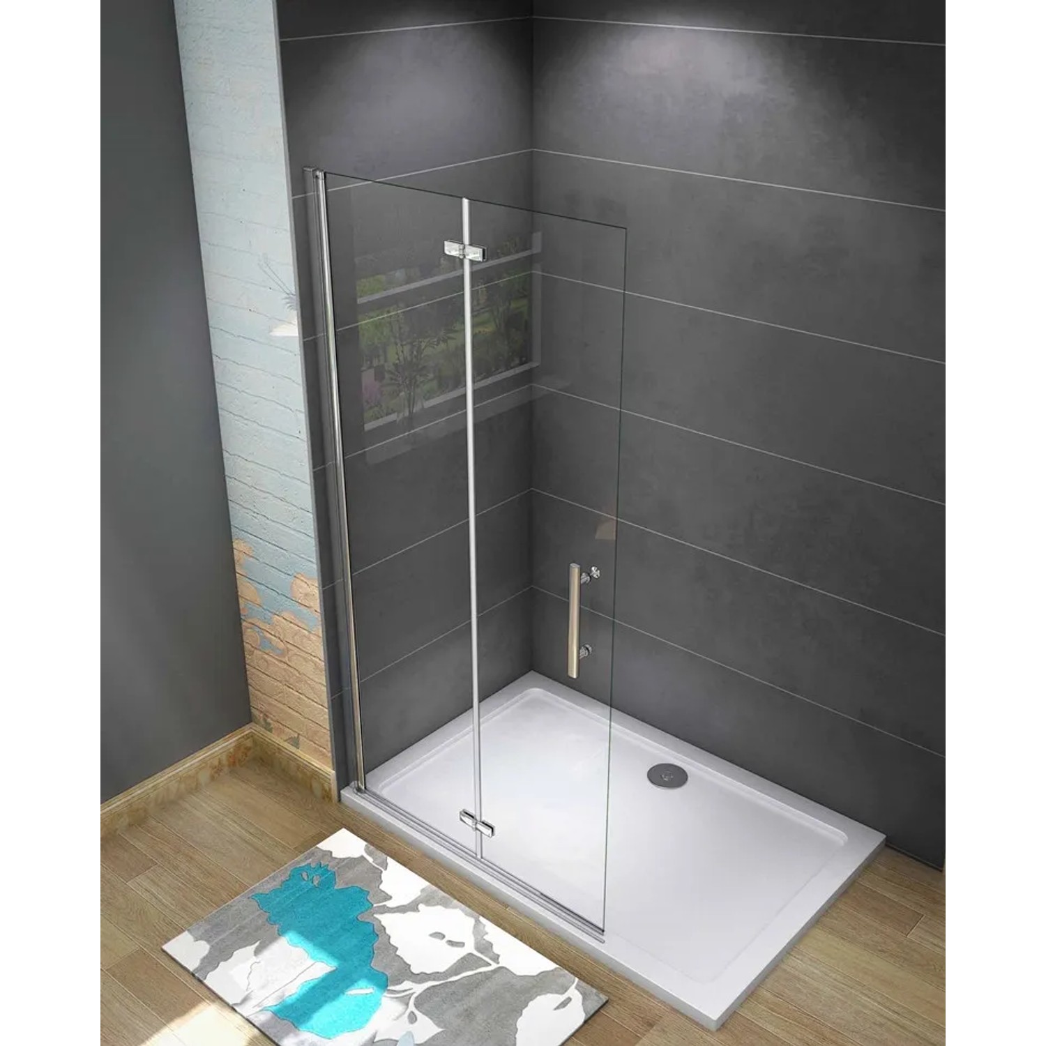 Duschparadies Walk-In Dusche mit 6mm Nano Glas und Falttür, inklusive Duschwanne.