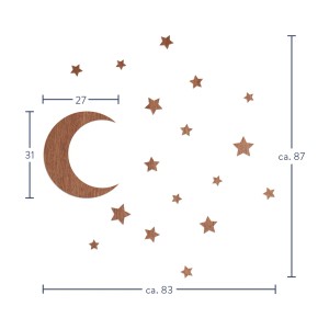 Wanddeko Mond und Sterne aus Holz (Mahagoni Furnier), 1 Mond (27x31cm) und 17 Sterne. Ideal für Kinderzimmer.