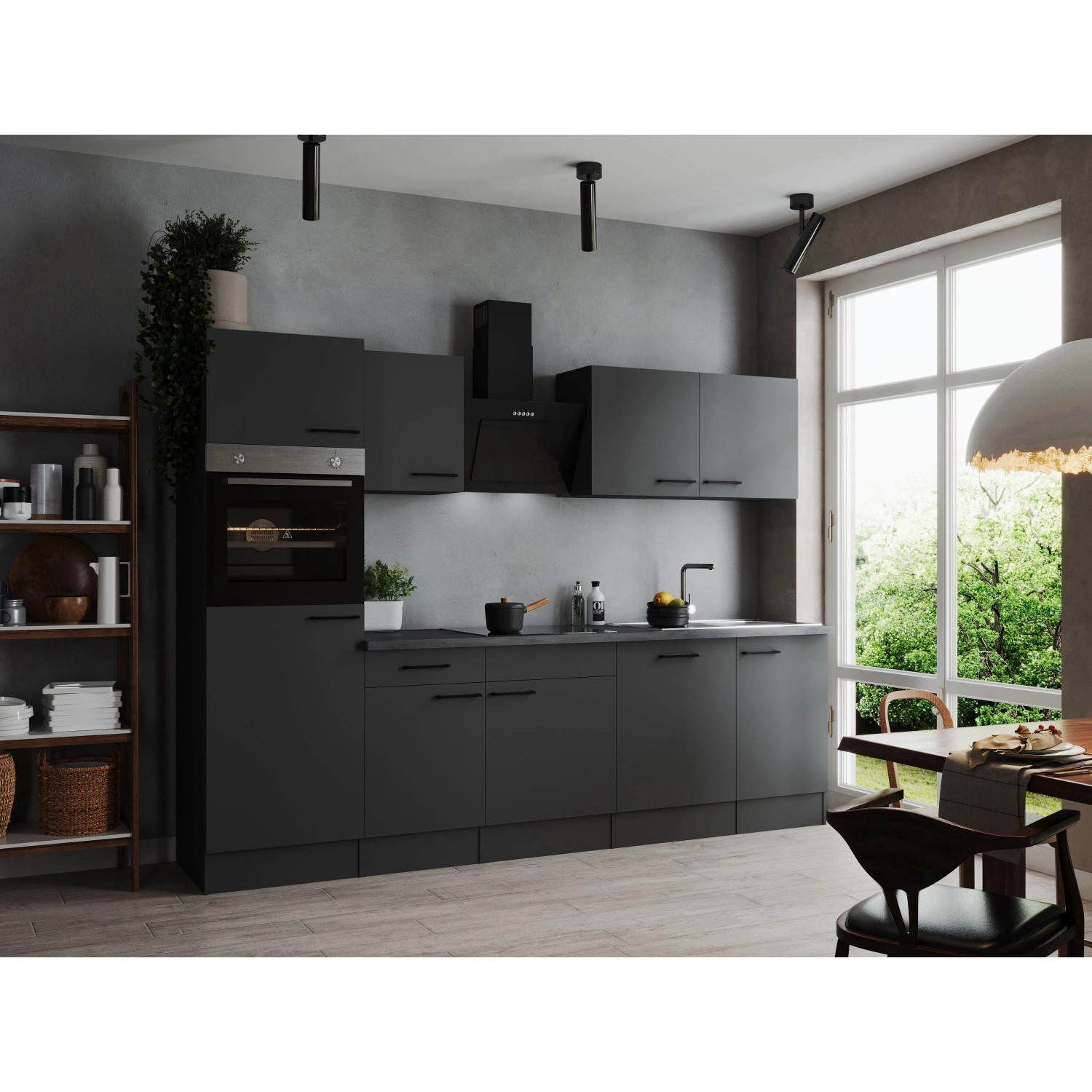 Moderne Respekta Küchenzeile Oliver, 280 cm, Grau Matt, mit E-Geräten und Spüle.