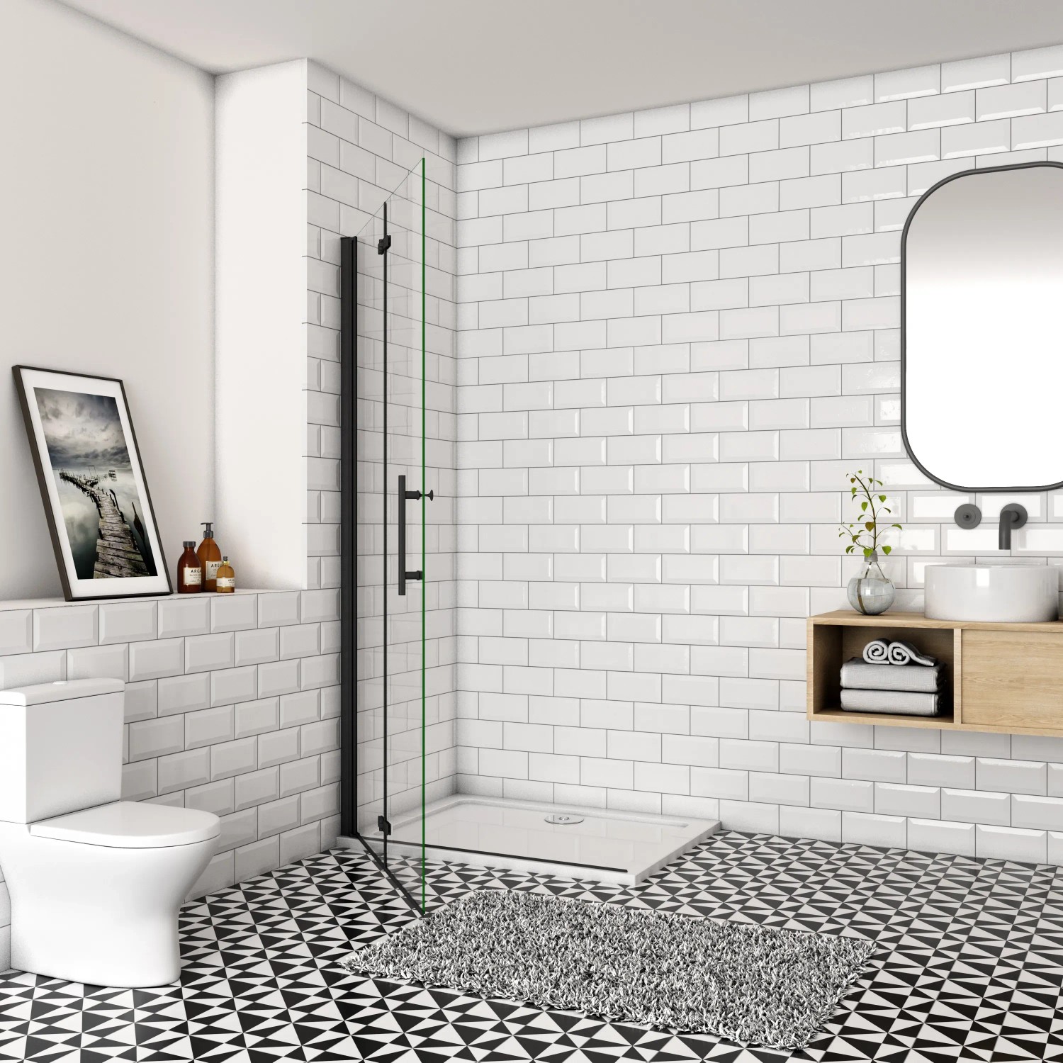 AICA Walk-In Duschabtrennung mit schwarzem Rahmen und 6mm ESG Glas Falttür in modernem Bad. Platzsparend und drehbar.