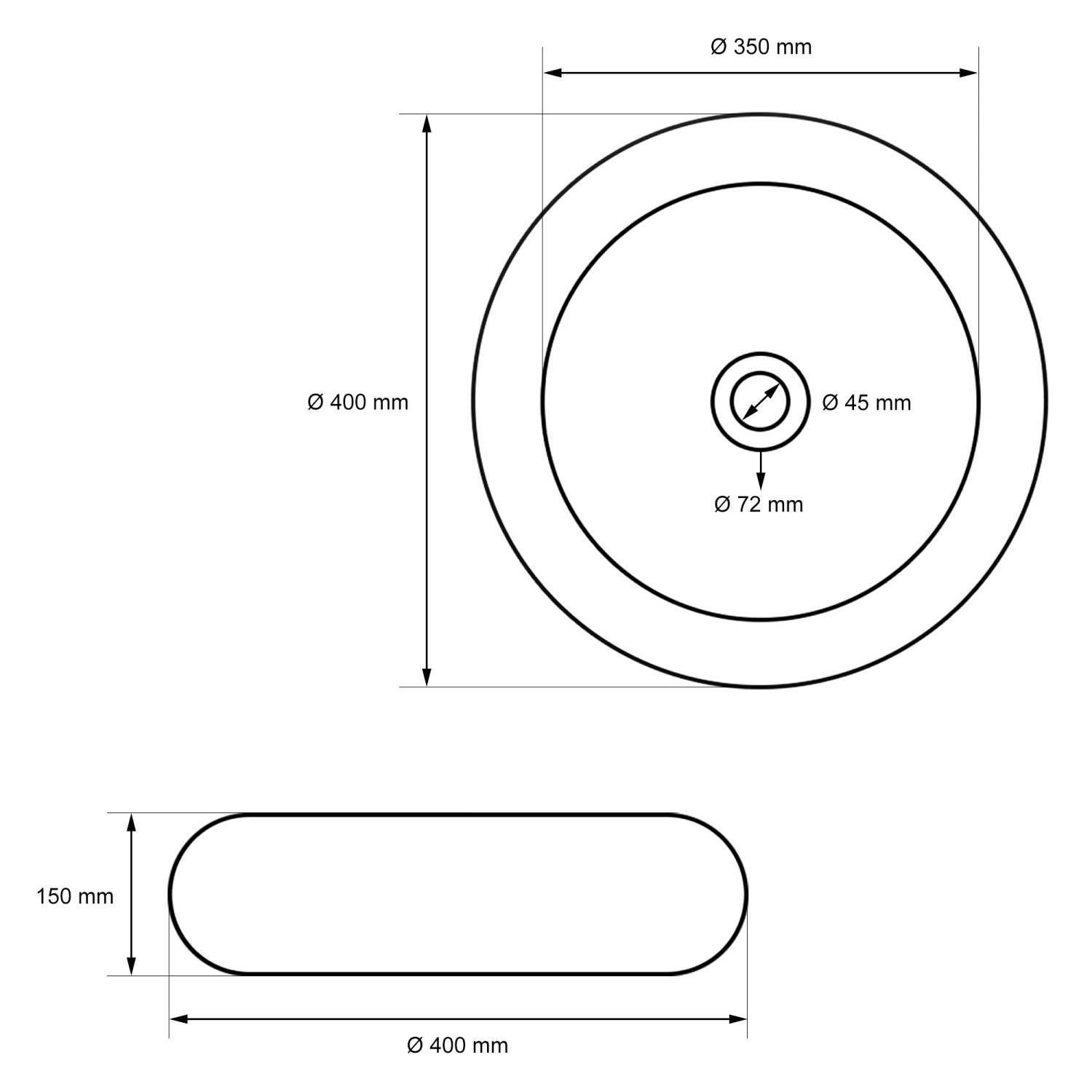 Technische Zeichnung: ECD Germany Waschbecken, rund, 400x350 mm, Aufsatzwaschbecken aus Keramik, weiße Ausführung.