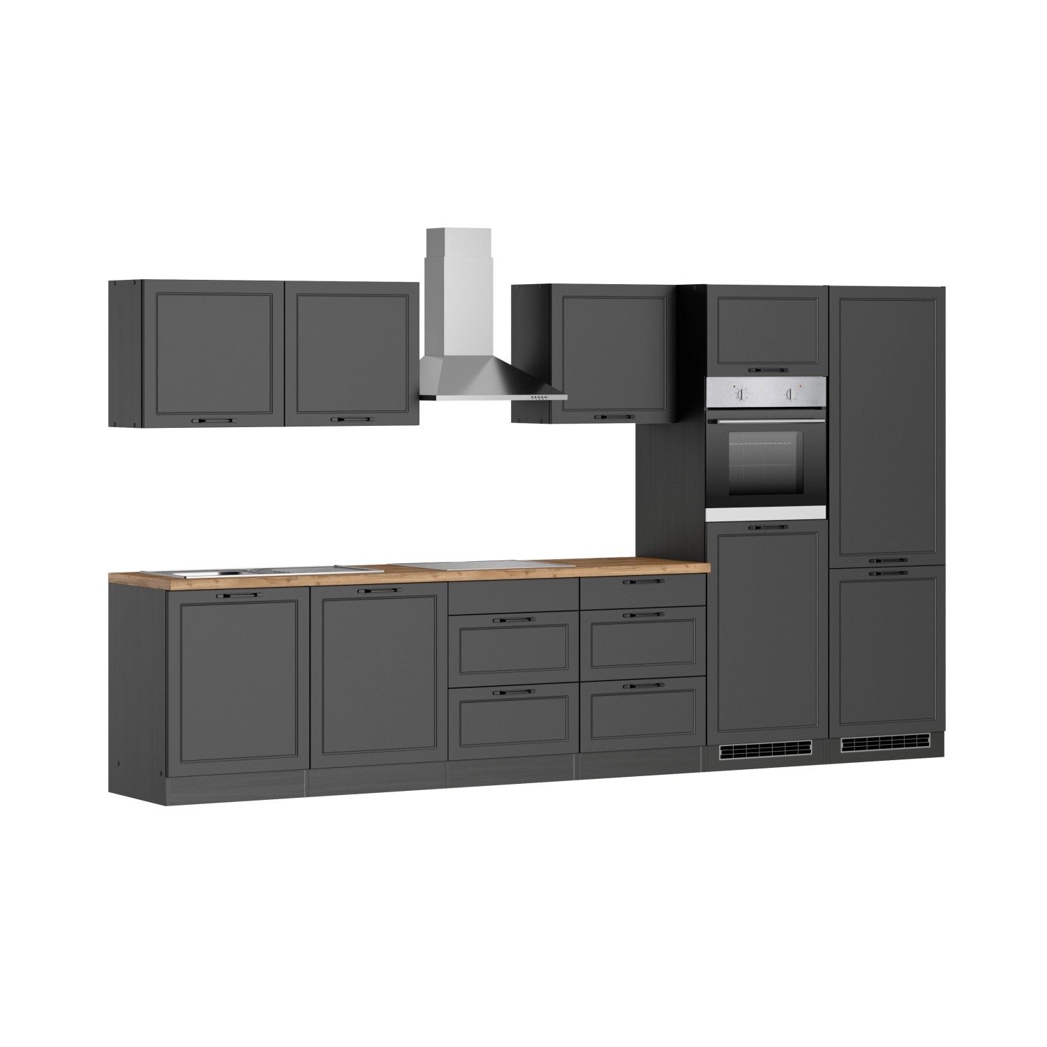 Moderne graue/graphitfarbene Küchenzeile Kempten 360 cm mit E-Geräten und autarkem Kochfeld.