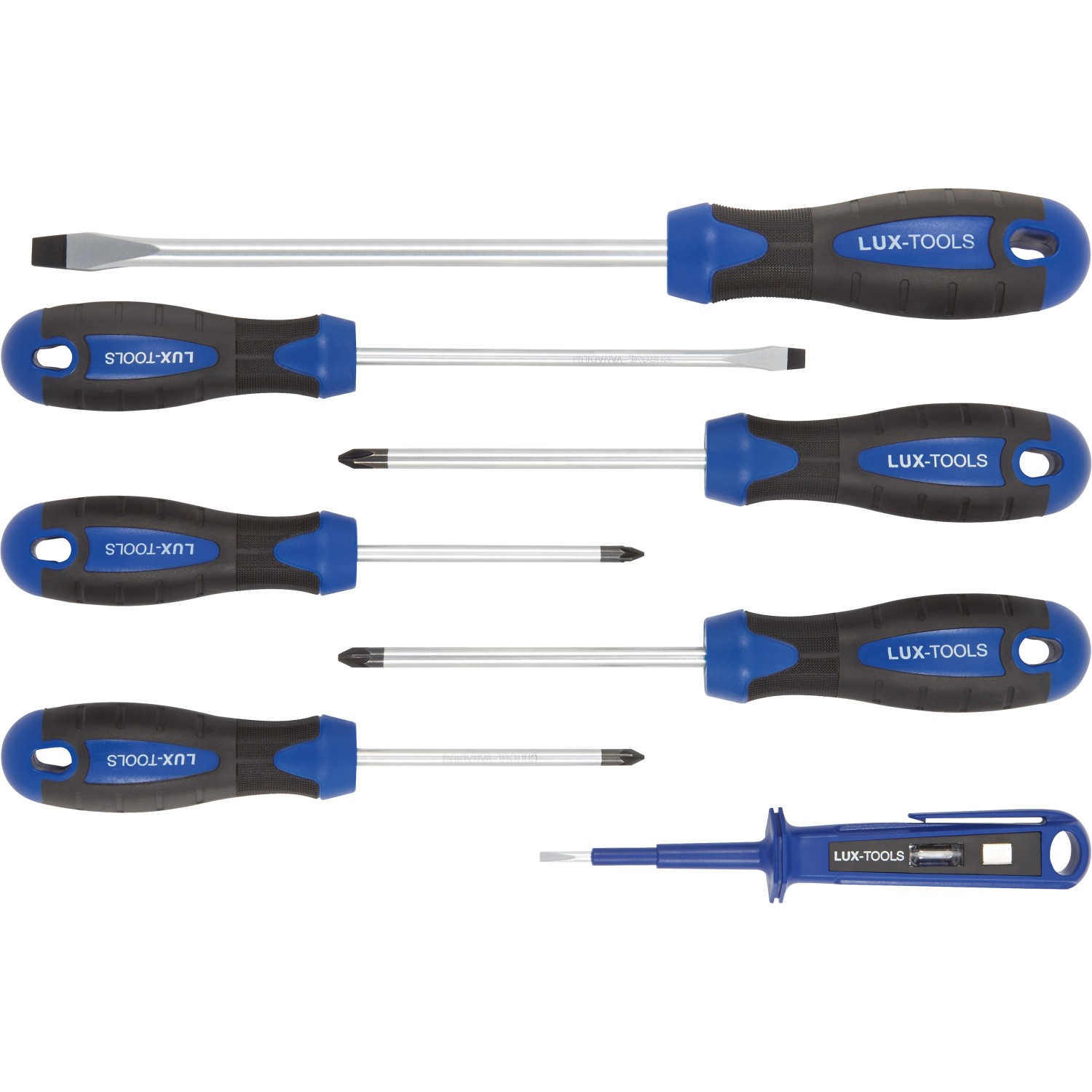 LUX Schraubendreher Set, verschiedene Größen und Ausführungen mit blau-schwarzem Griff.