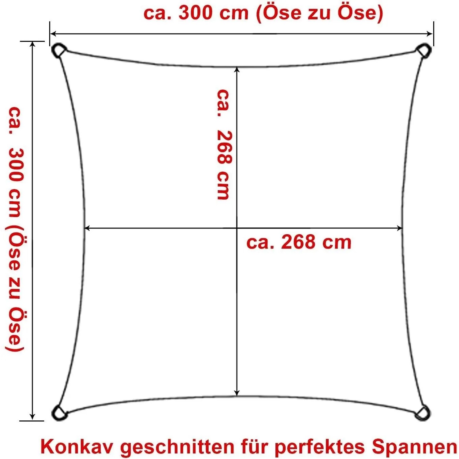 Skizze eines grauen, quadratischen 3x3 m WOLTU Sonnensegels mit konkaven Seiten und Maßangaben.