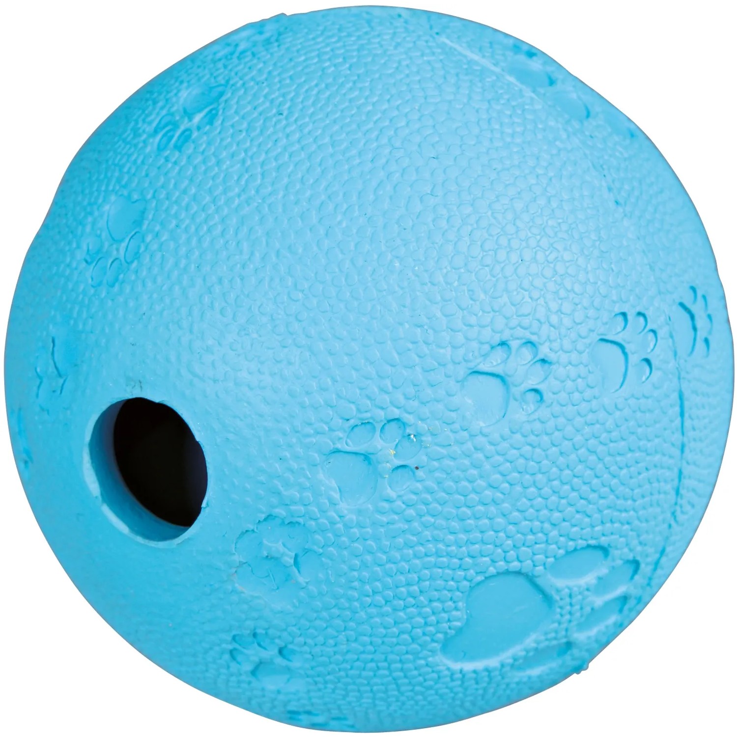 Blauer Jollypaw Snackball aus Naturgummi, befüllbarer Futterdummy mit Pfotenabdruck.