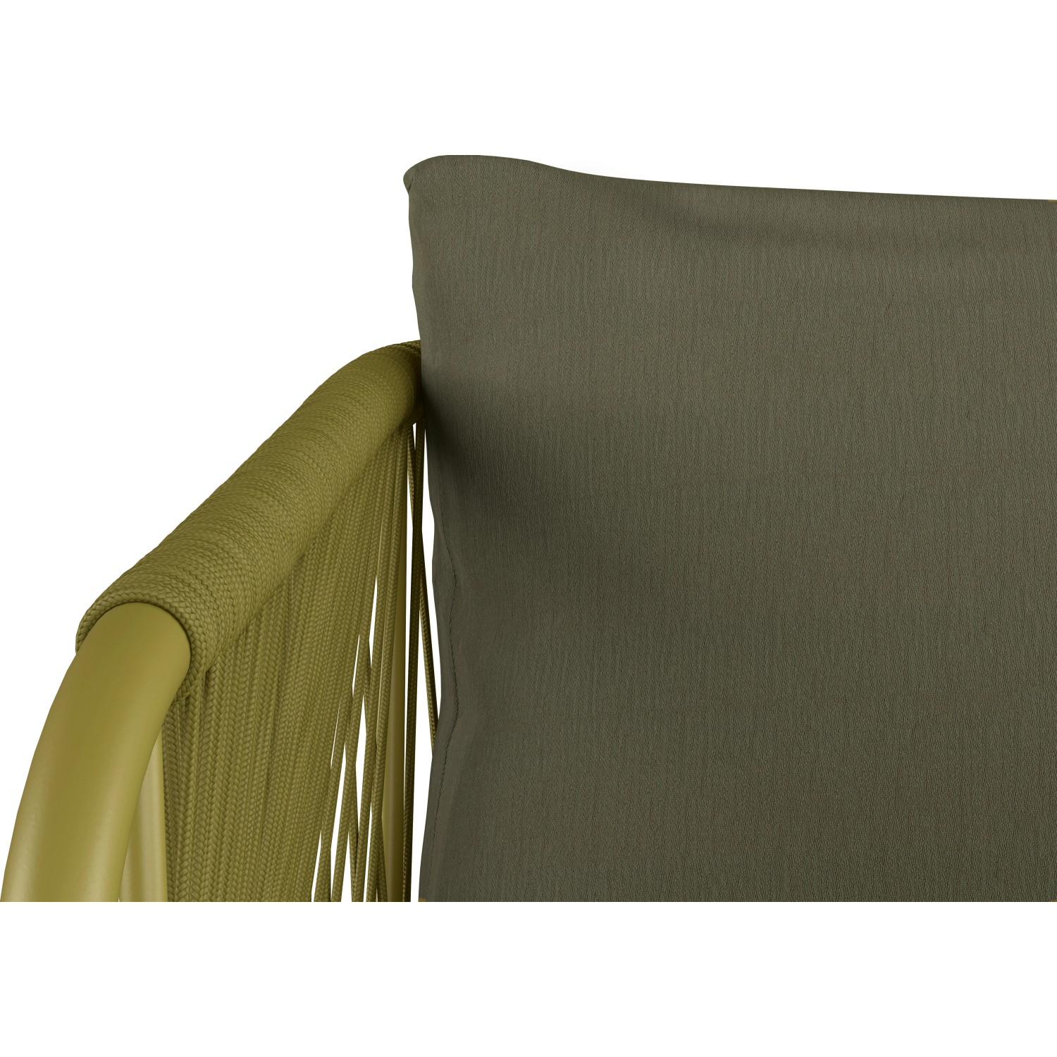 Detailaufnahme: Olivfarbenes Lounge-Set Scafford mit Seilbespannung und Kissen.