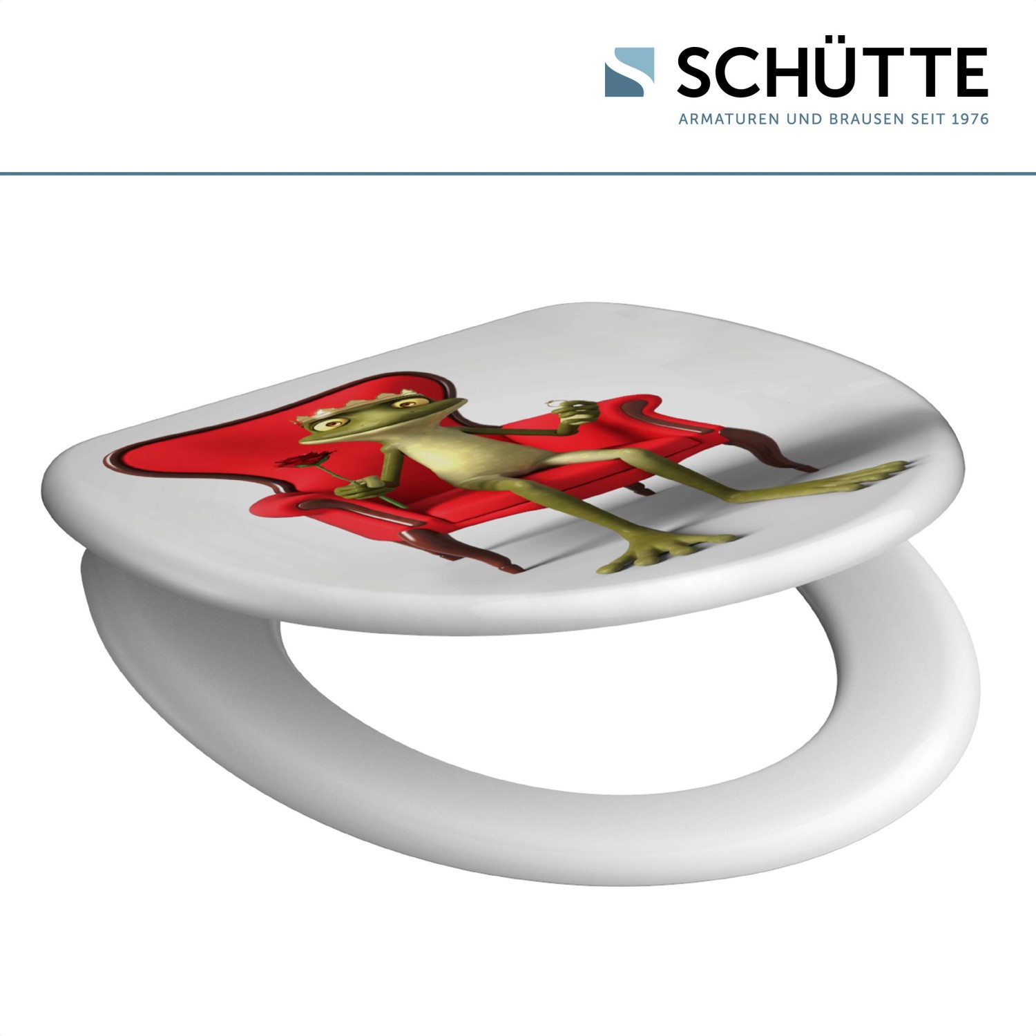 Schütte WC-Sitz Frog King mit Absenkautomatik, Duroplast, Frosch-Motiv auf weißem Deckel.