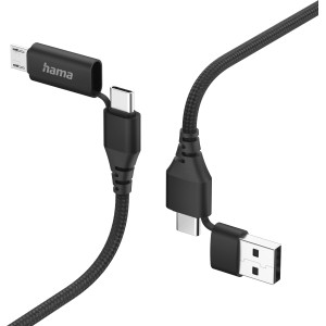 Schwarzes Hama Multi-Ladekabel (USB-C, USB-A, Micro-USB) für Handy und Tablet.
