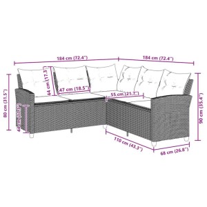 L-förmiges Gartenmöbel Couchsofa aus grauem Polyrattan mit Kissen.