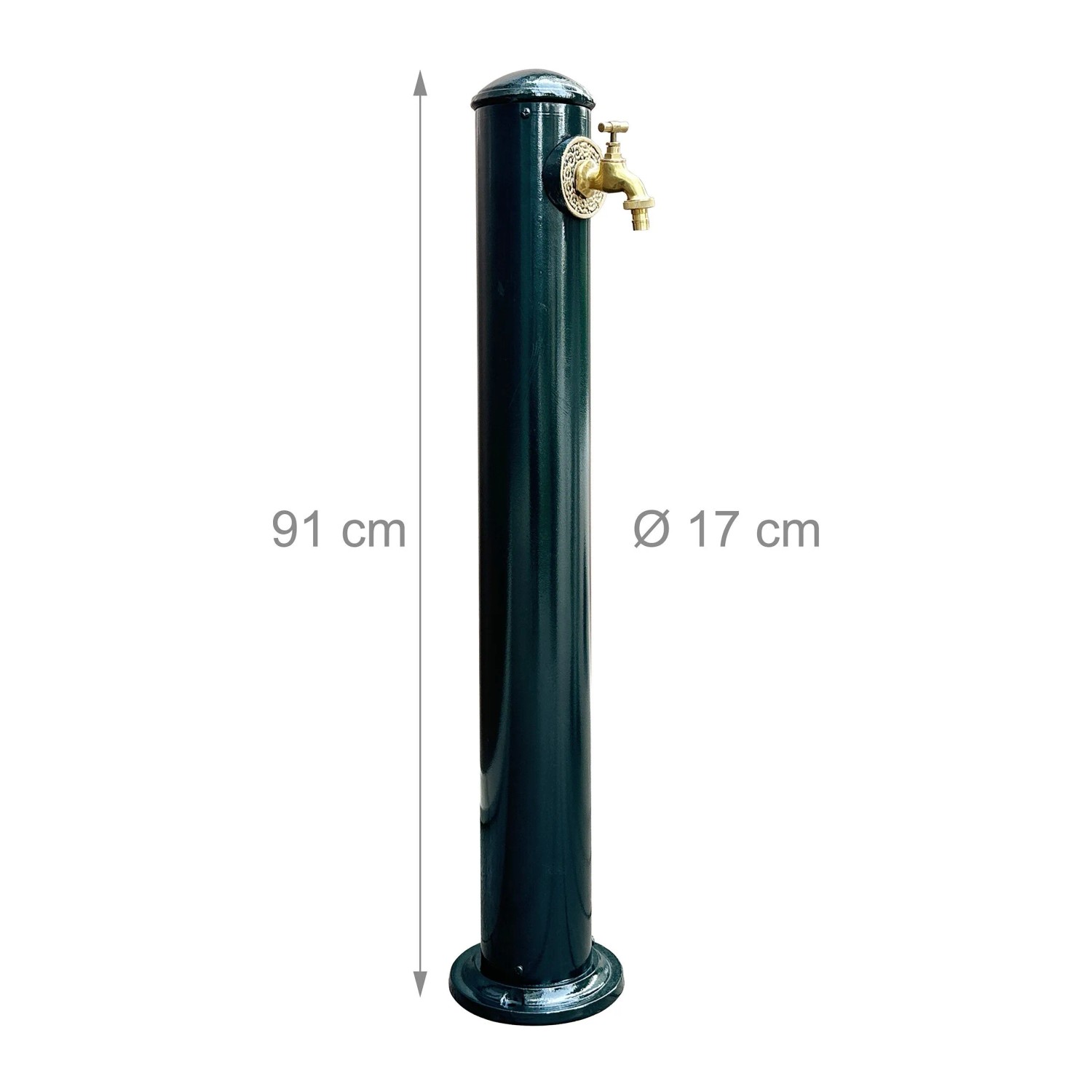 Grüne freistehende Wasserzapfsäule aus Aluminium/Stahl im Antik-Design mit Messinghahn. H: 91 cm, Ø 17 cm.