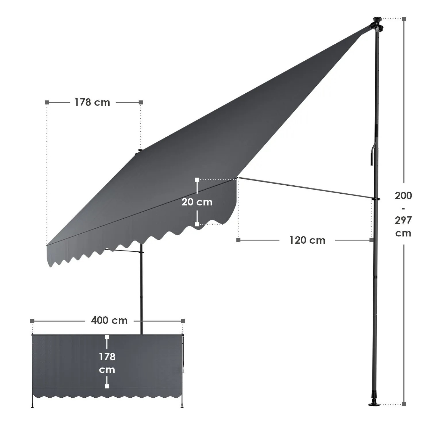 Juskys Klemmmarkise Kapstadt 400x120 cm, grau, mit Maßangaben für Balkon & Terrasse.