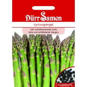 Dürr Samen Grünspargel: Saatgut-Packung mit frischem, grünem Spargel und Saatgut-Ansicht.