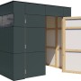 Modernes, anthrazitfarbenes Bertilo Gartenhaus HPL Mini mit geöffneter Tür und Fenster.