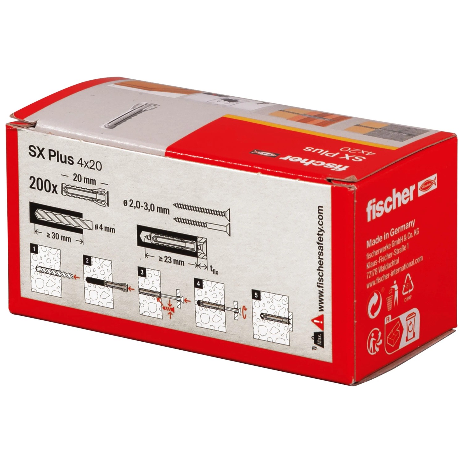 fischer Spreizdübel SX Plus 4x20, 200 Stück im Karton. Universaldübel für sicheren Halt in Vollbaustoffen.