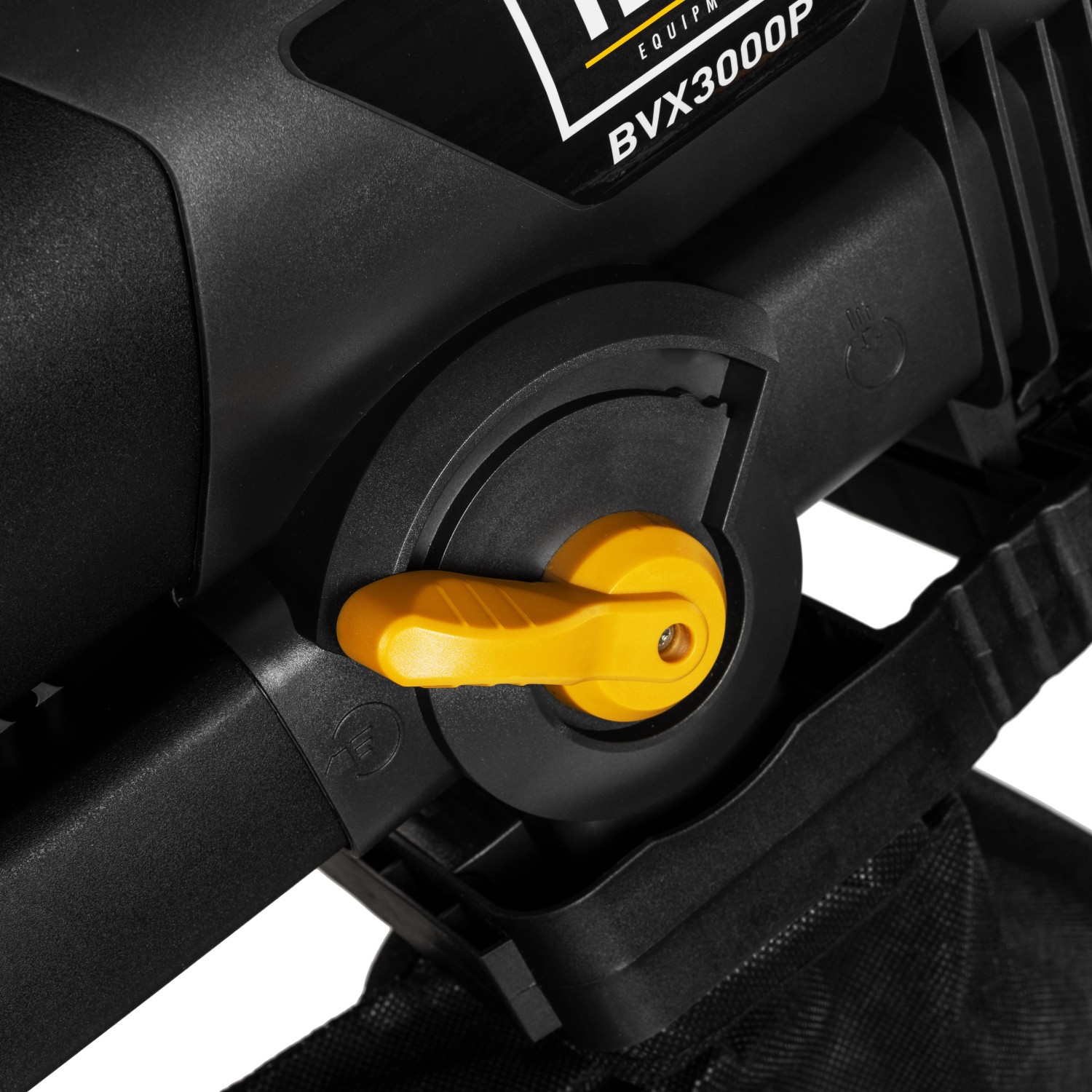 Detailaufnahme: Gelber Schalter am Texas Elektro Laubsauger/Bläser BVX3000.
