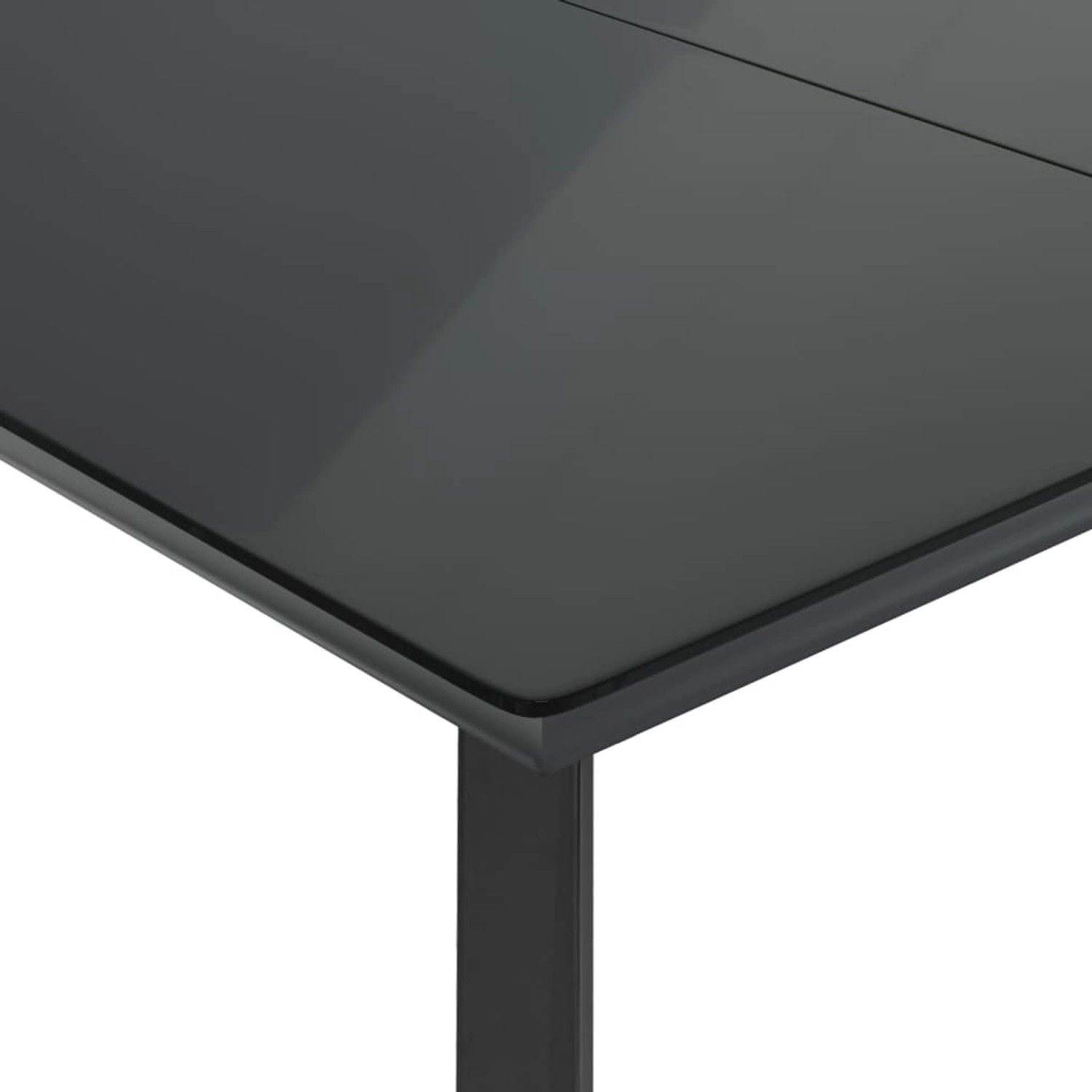 Detailansicht: Schwarzer Gartentisch mit Glasplatte, Teil der 7-tlg. vidaXL Essgruppe.
