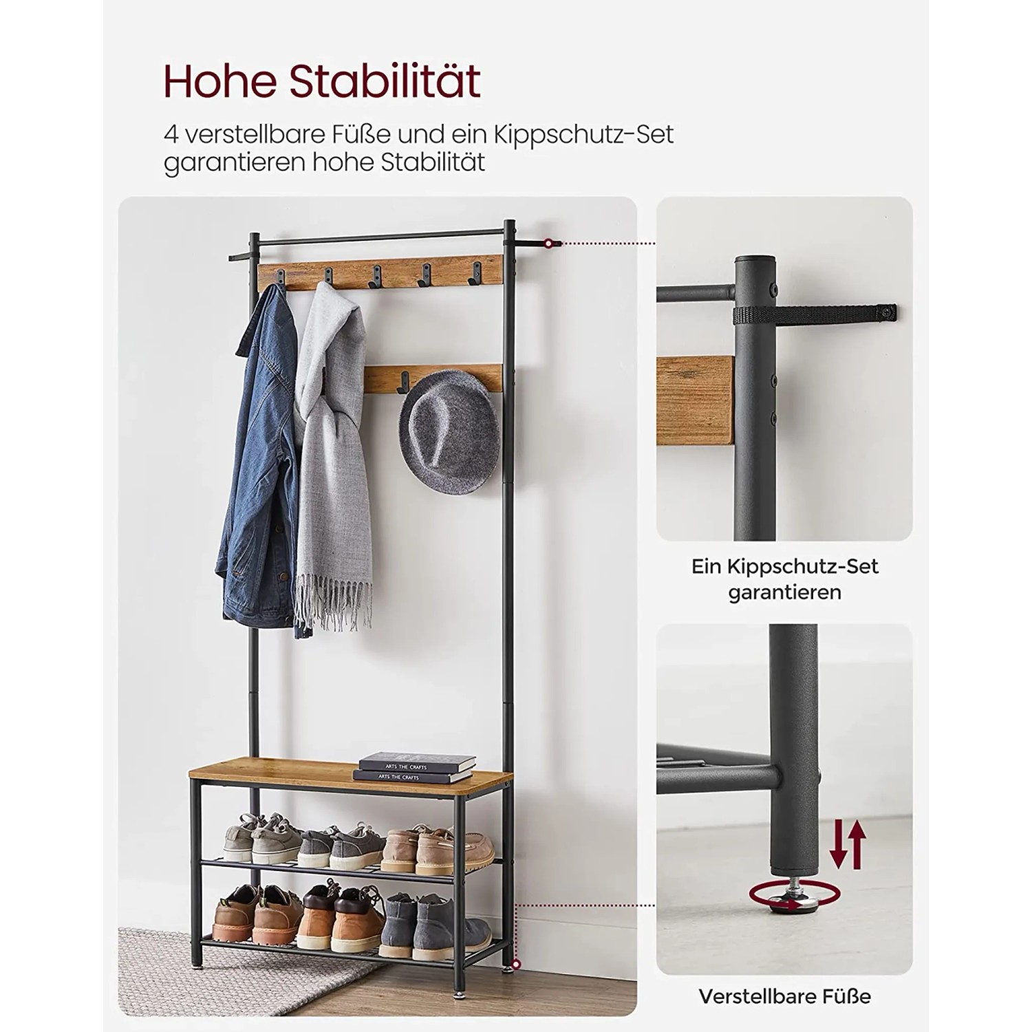 Vasagle Garderobenständer in Braun-Schwarz mit Haken, Schuhregal und Sitzbank für Flur und Eingangsbereich.