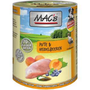 Mac's Hunde-Nassfutter Pute & Heidelbeeren, getreidefrei, hoher Fleischanteil. Dose mit Pute, Aprikosen und Heidelbeeren.
