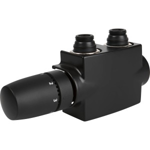 Schwarzes Quattro Ventilhahnblock Set für Heizkörper mit Thermostat und Abdeckung.