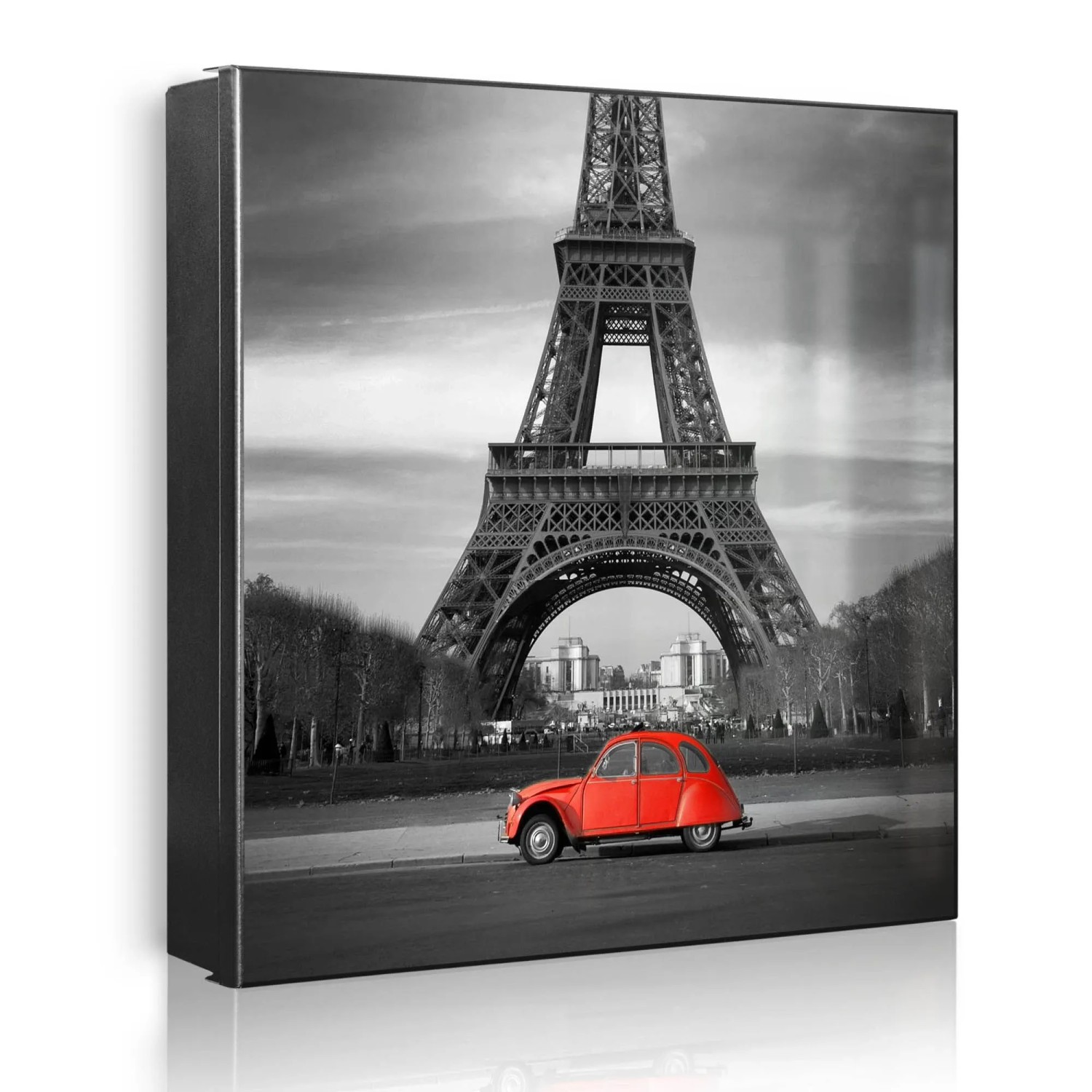 Banjado Großer Schlüsselkasten Metall 30x30cm Schwarz Scharnier Links 50 Haken Beschreibbar Magnetisch Motiv Paris