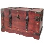 Rote HMF Schatztruhe aus Holz mit Metallbeschlägen und Ledergurten im Vintage-Stil für Aufbewahrung und Dekoration.