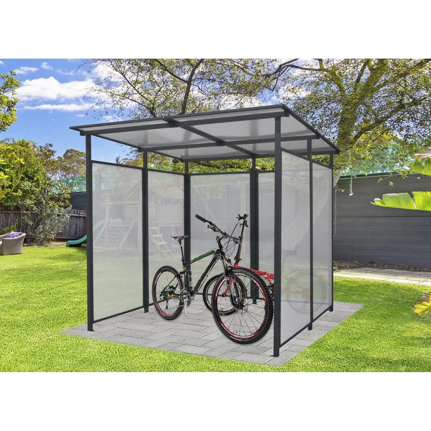 Floraworld Multifunktionsunterstand Bus, offene Vorderseite, mit Fahrrädern. Terrassenüberdachung für Garten.