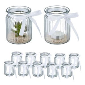 Relaxdays Windlichter 12er Set Glas Polyester Transparent Weiß Geriffelt 9,5 cm x 7,5 cm 0,14 kg