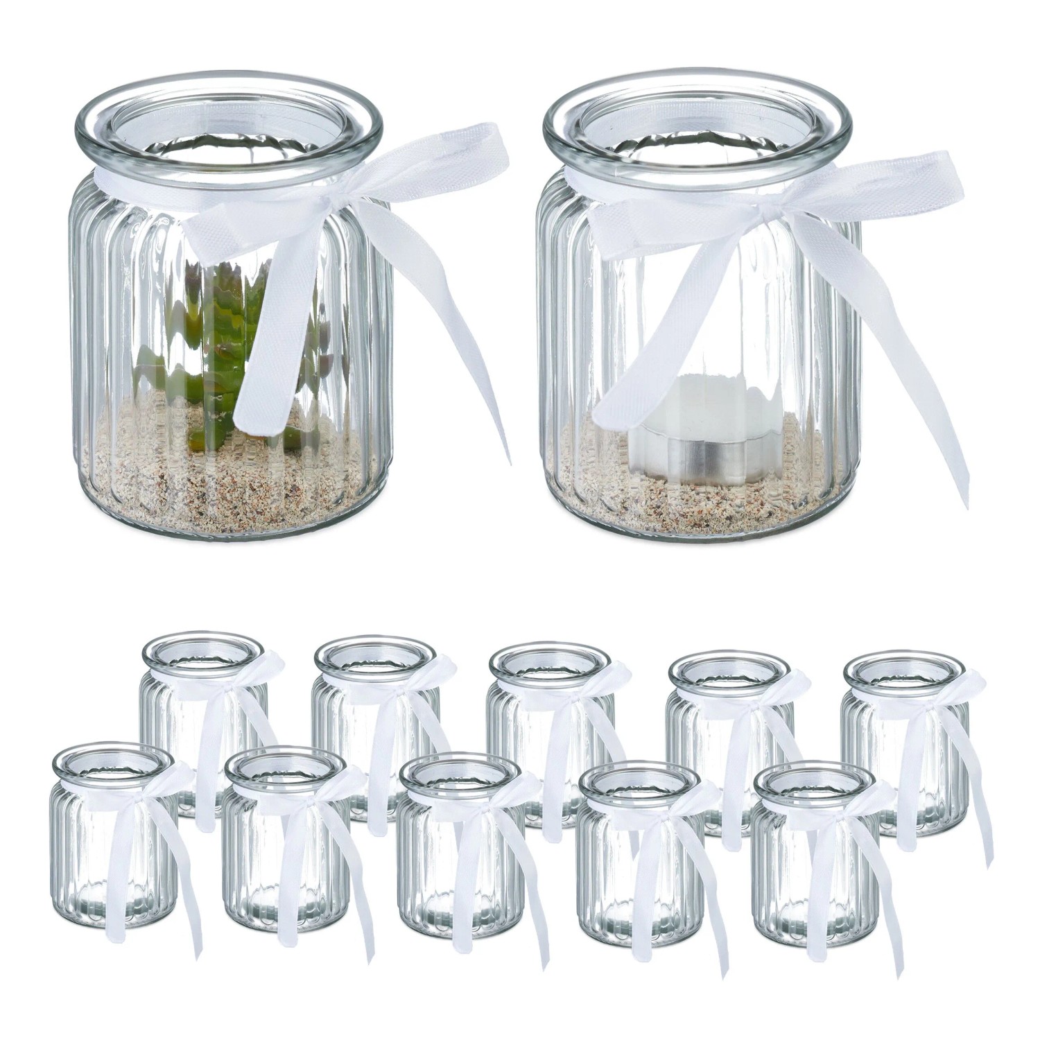 Relaxdays Windlichter 12er Set Glas Polyester Transparent Weiß Geriffelt 9,5 cm x 7,5 cm 0,14 kg