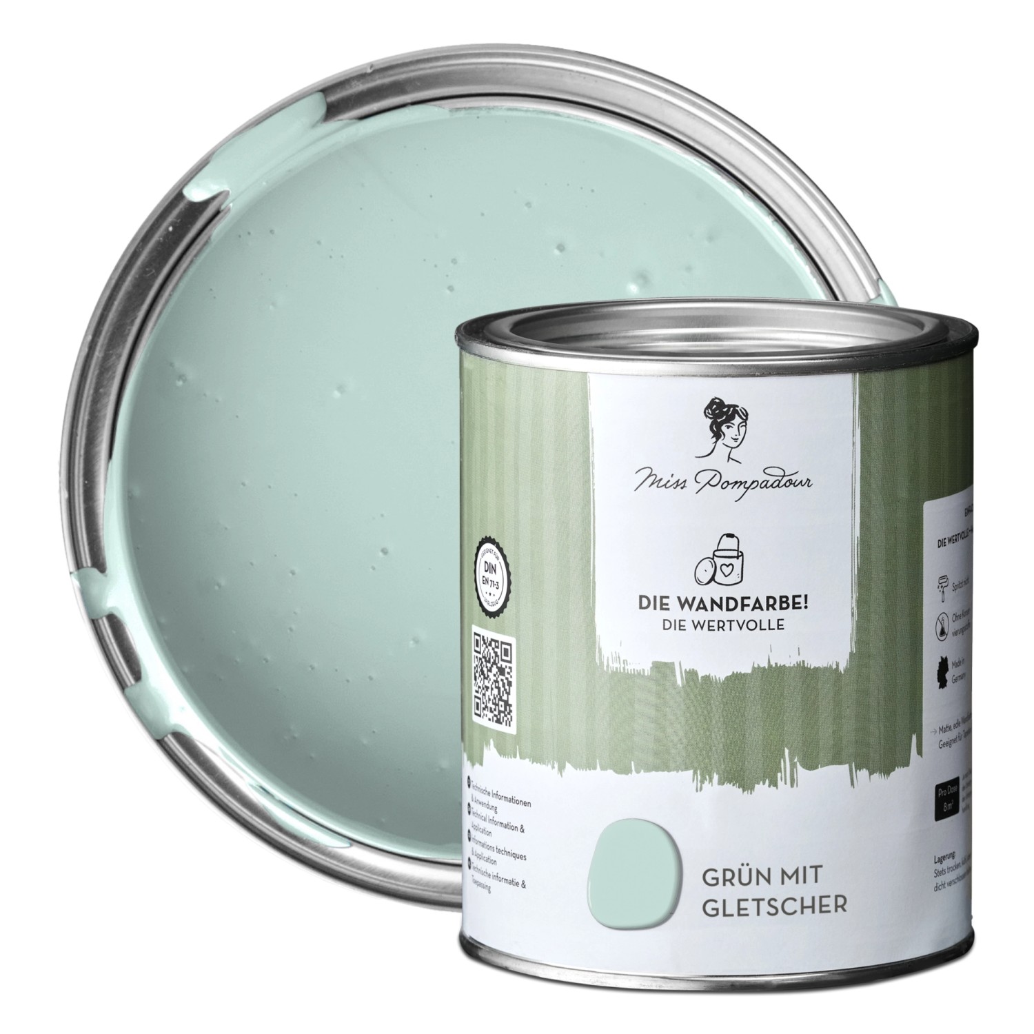 MissPompadour Extramatte Wandfarbe Grün mit Gletscher 1L Hochdeckend Spritzfrei