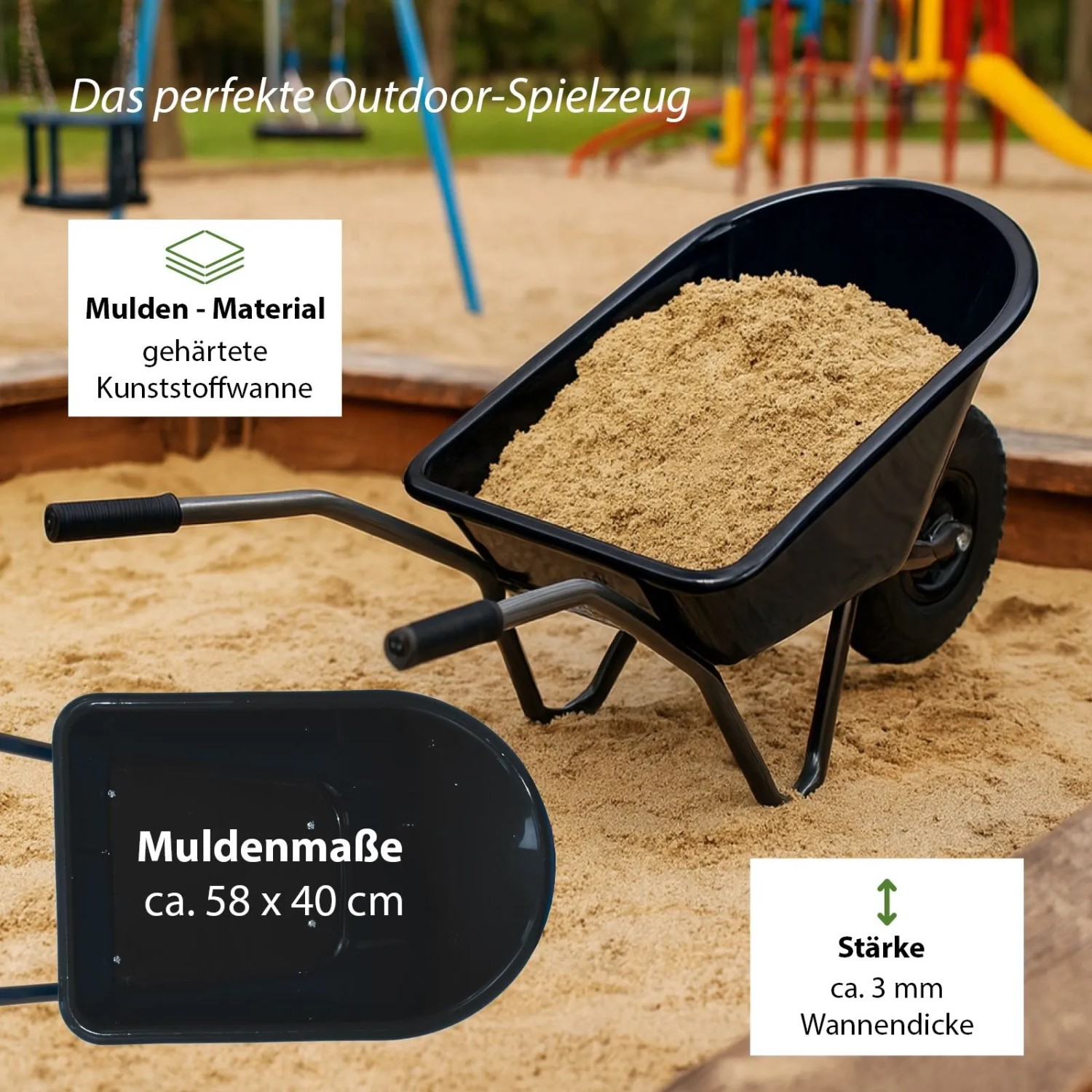 Schwarze Kinderschubkarre von TRUTZHOLM mit Sand gefüllt, robust und ideal für kleine Gärtner.