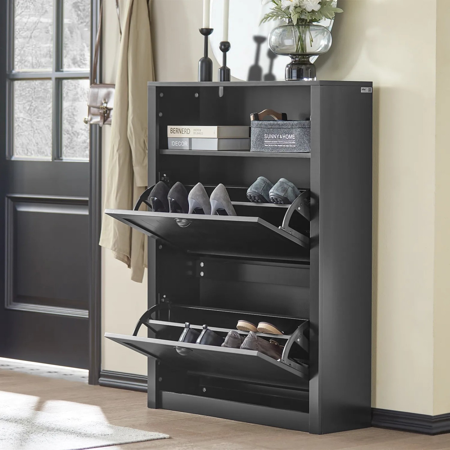Schwarzer SoBuy Schuhkipper FSR87-SCH mit zwei Klappen und Ablagefach für Schuhe und Accessoires.